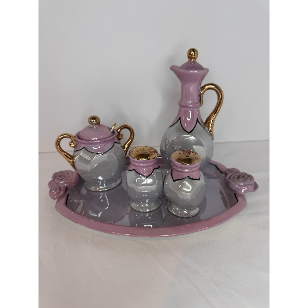 Vintage Trico Japanese Hand Painted Set‎ For Tea Oil Sugar Salt Pepper And Tray